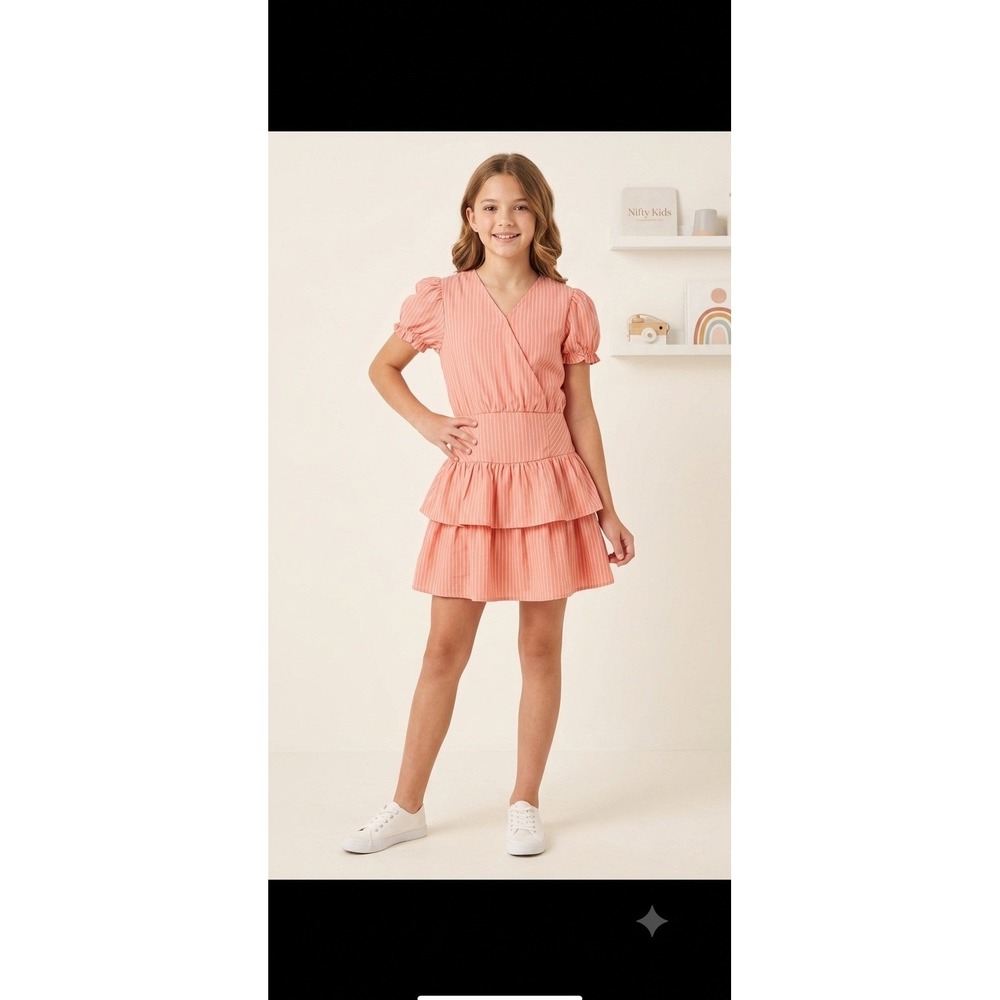 Habitual Kids Girls Coral White Striped Tiered Ruffle Dress Size 12 Short Sleeve